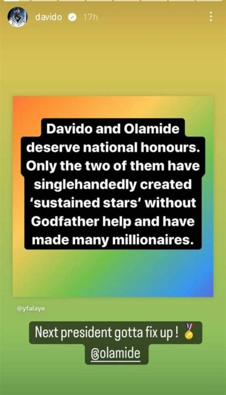 
“They Deserve National Honours” Davido Reacts As He And Olamide Receive Accolades For Singlehandedly Creating Sustained Stars 